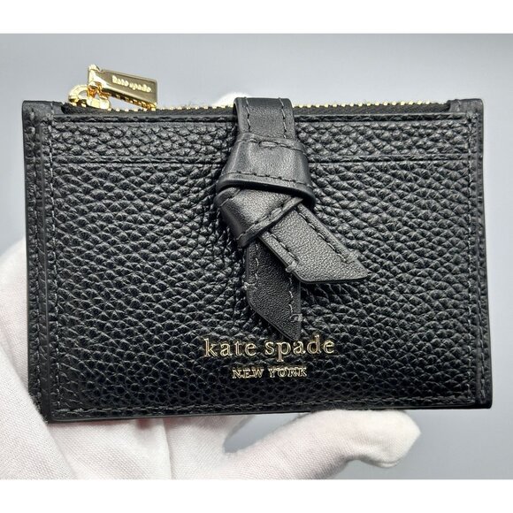 Kate Spade KH156 Knott Zip Card Holder Black Pebbled Leather Gold Hardware NWOT - Picture 3 of 15